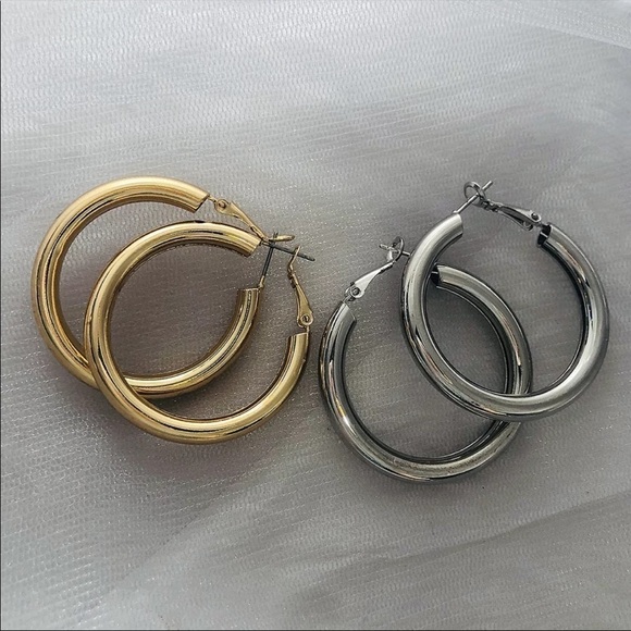 𝅺new Gold Plated Large Chunky Tube Hoop Earrings - Picture 6 of 11